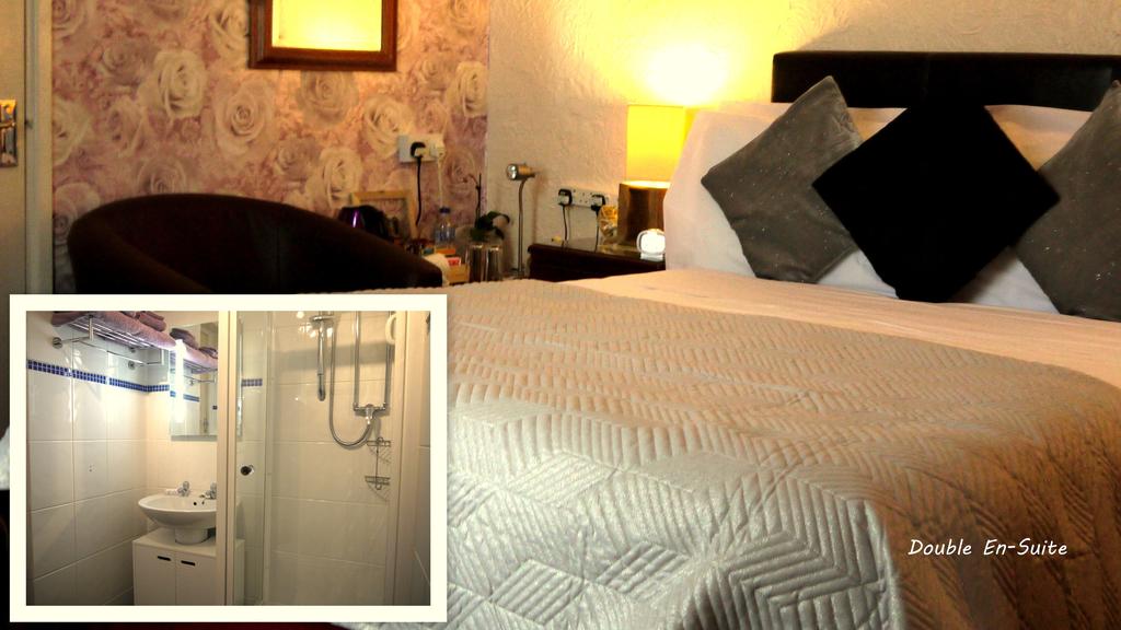 photo of the double room bed with a small picture of the en-suite in the bottom left corner