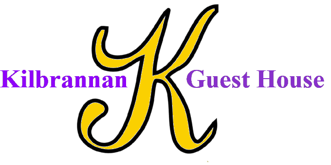logo of the kilbrannan guest house, this is a large yellow K and the words kilbrannan guest house in purple