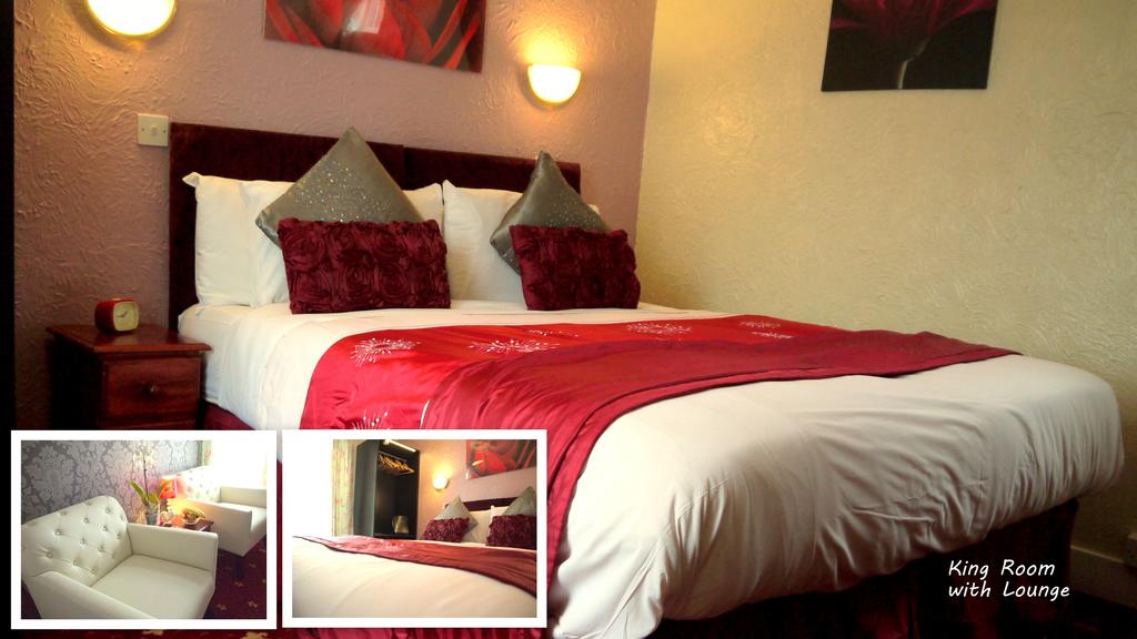 photo of the king room bed with two small photos in the bottom left corner of the lounge area and the bed